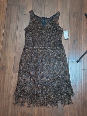 NWT Jessica Simpson Black & Bronze Fringe Sleeveless Cocktail Dress size 4.